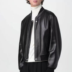 Zip Up Black Leather Bomber Jacket Mens