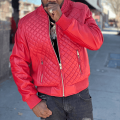 Men Quilted Casual Varsity Red Bomber Leather Jacket