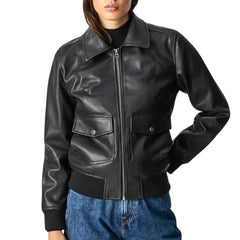 Womens Classic Collared Black Bomber Leather Jacket