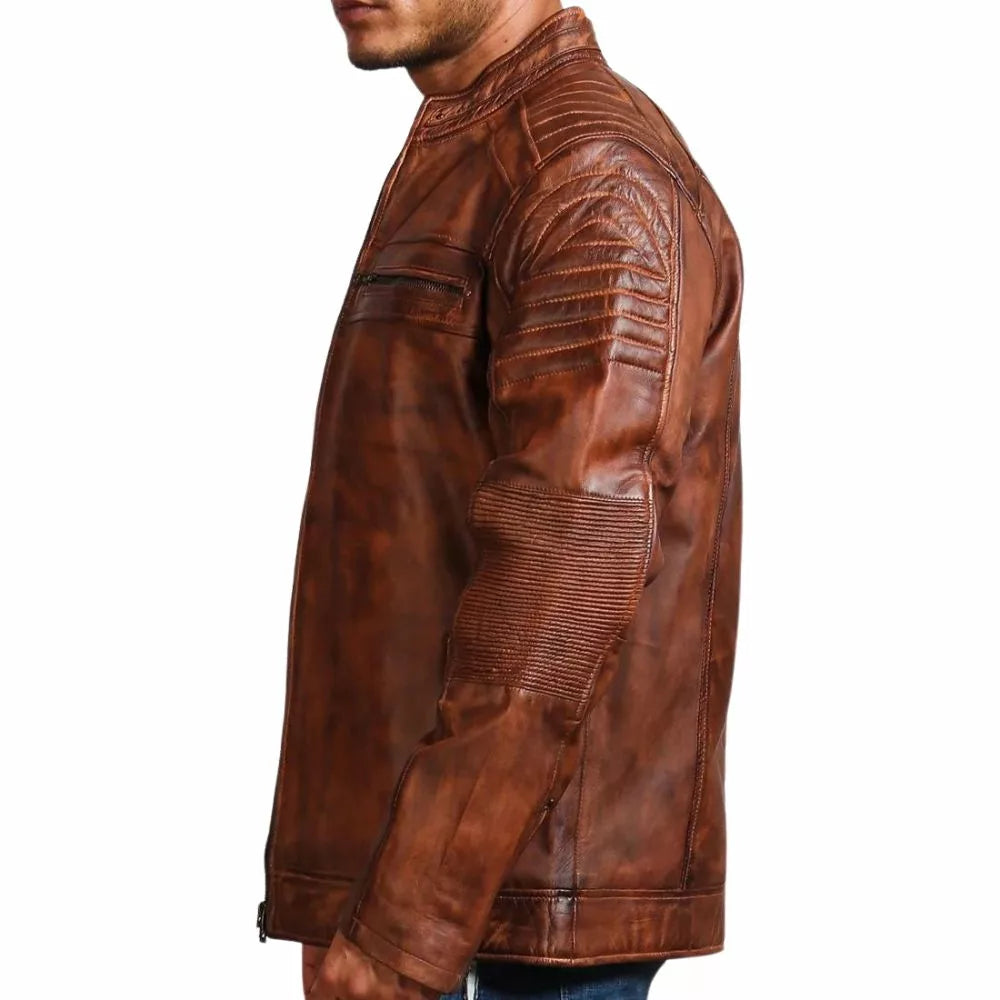 Mens Vintage Cafe Racer Distressed Brown Motorcycle Leather Jacket