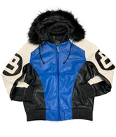 Men's 8 Ball Logo Blue And White Fur Hooded Leather Jacket