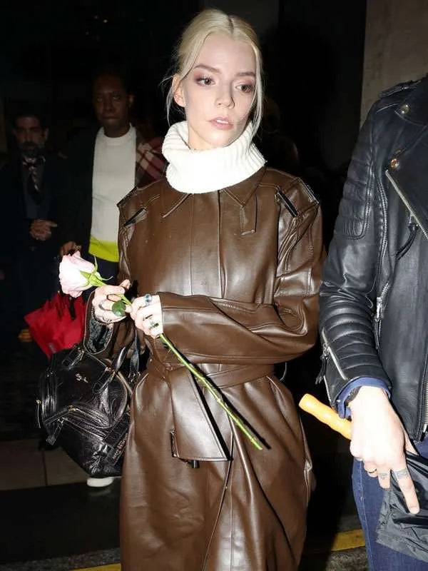 Anya Taylor Joy PFW 2025 Brown Leather Coat