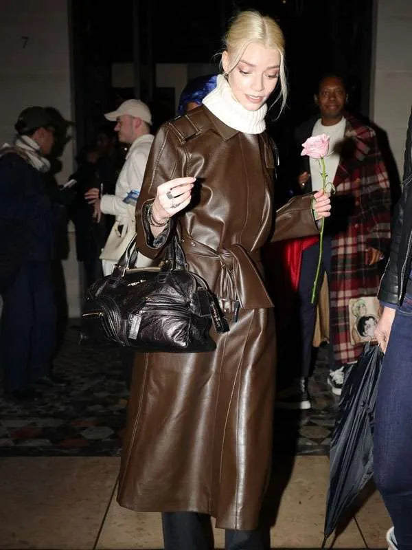 Anya Taylor Joy PFW 2025 Brown Leather Coat