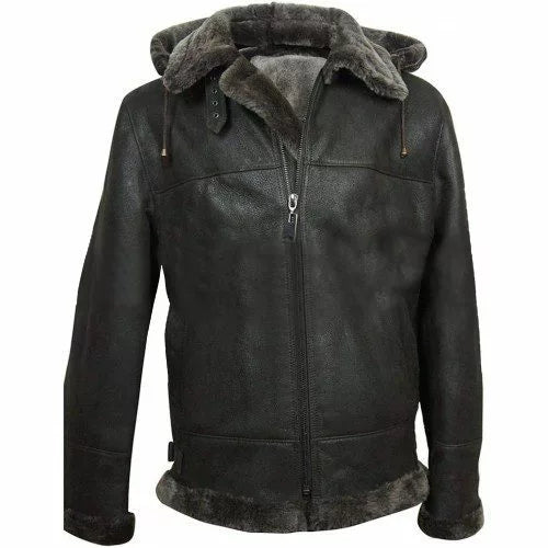 Men's Aviator Flight Fur Shearling B3 Hooded Black Leather Jacket