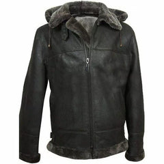 Men's Aviator Flight Fur Shearling B3 Hooded Black Leather Jacket