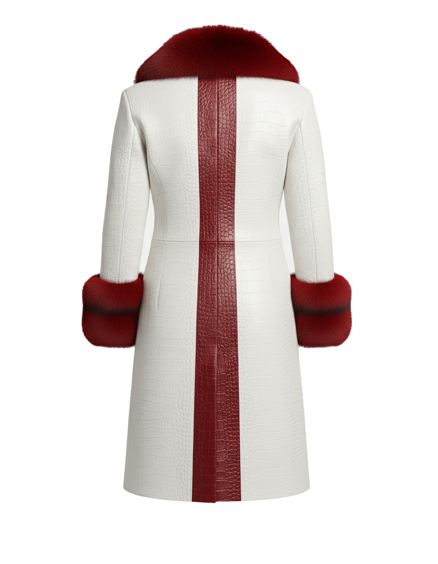 Christmas Inspired White Coat with Red Faux Fur Crocodile Texture
