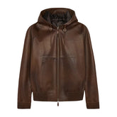 Street Wear Mens Leather Bomber Jacket | B-way Leather Hooded Jacket