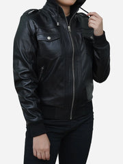 Classic Collared Black Leather Bomber Jacket Womens