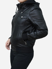 Classic Collared Black Leather Bomber Jacket Womens
