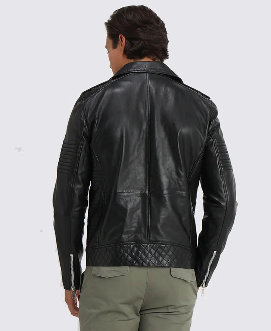 Black Bryon Quilted Lambskin Leather Jacket | Asymmetrical Leather Jacket
