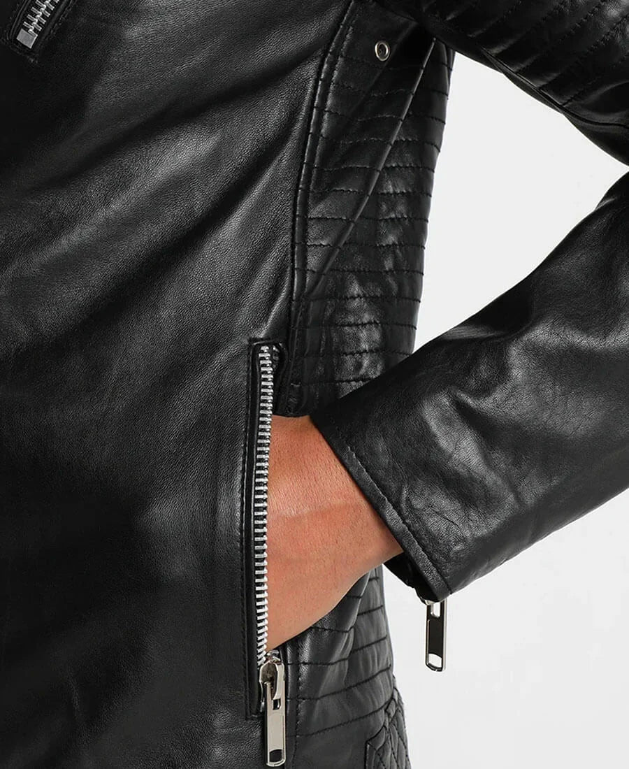 Black Bryon Quilted Lambskin Leather Jacket | Asymmetrical Leather Jacket