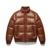 Brown Leather Bomber-Style Puffer Jacket