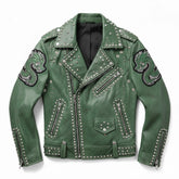 Green Punk-Style Studded Jacket with Dragon Patchwork