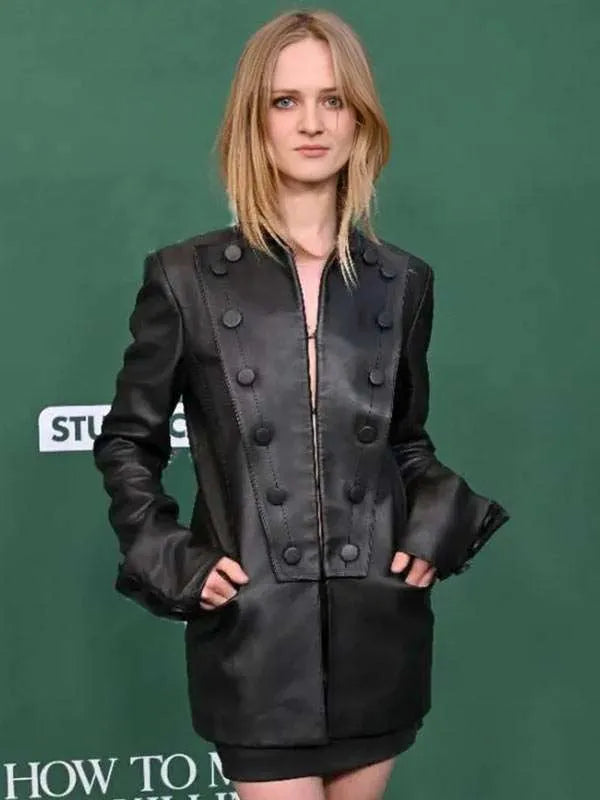 Nell Williams How to Make a Killing Movie Premiere Black Leather Jacket