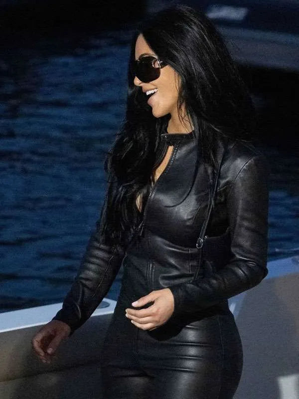 Kim Kardashian Monaco Grand Prix 2026 Black Leather Jacket