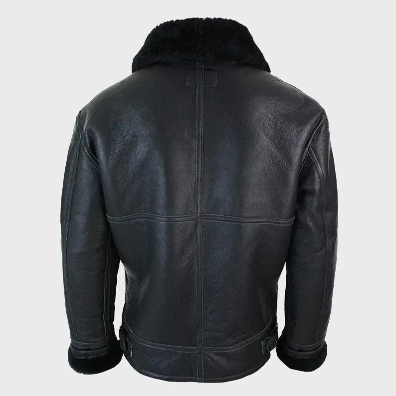 Men’s Black Shearling Leather Jacket with Turn-Down Collar Winter Warm Jacket