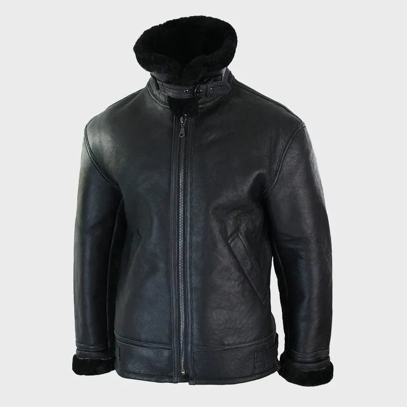 Men’s Black Shearling Leather Jacket with Turn-Down Collar Winter Warm Jacket