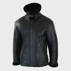 Men’s Black Shearling Leather Jacket with Turn-Down Collar Winter Warm Jacket