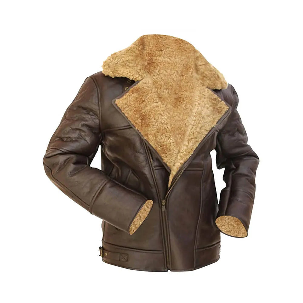 RAF B3 Fur Shearling Aviator Bomber Sheepskin Brown Leather Jacket