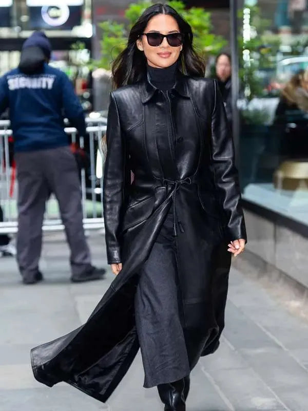 Olivia Munn Midtown NYC 2025 Black Leather Coat