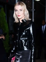 Lucy Boynton NYC 2025 Black Leather Jacket