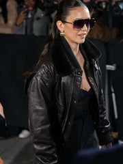 Nina Dobrev Paris Fashion Show 2026 Fur Leather Jacket