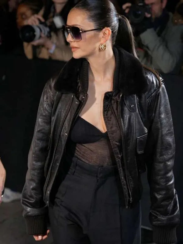 Nina Dobrev Paris Fashion Show 2026 Fur Leather Jacket
