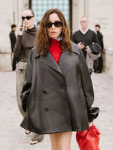 PFW 2026 Aubrey Plaza Black Leather Peacoat