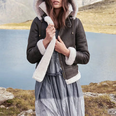 Leather Aviator Brown Shearling Jacket For Women