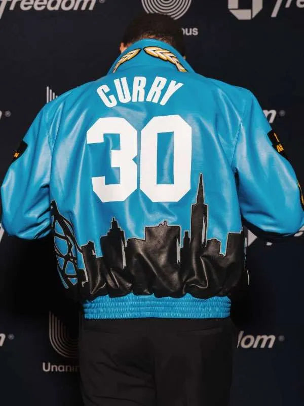 All Star Weekend Stephen Curry Blue Leather Jacket