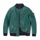 Teal Green Leather Bomber Jacket