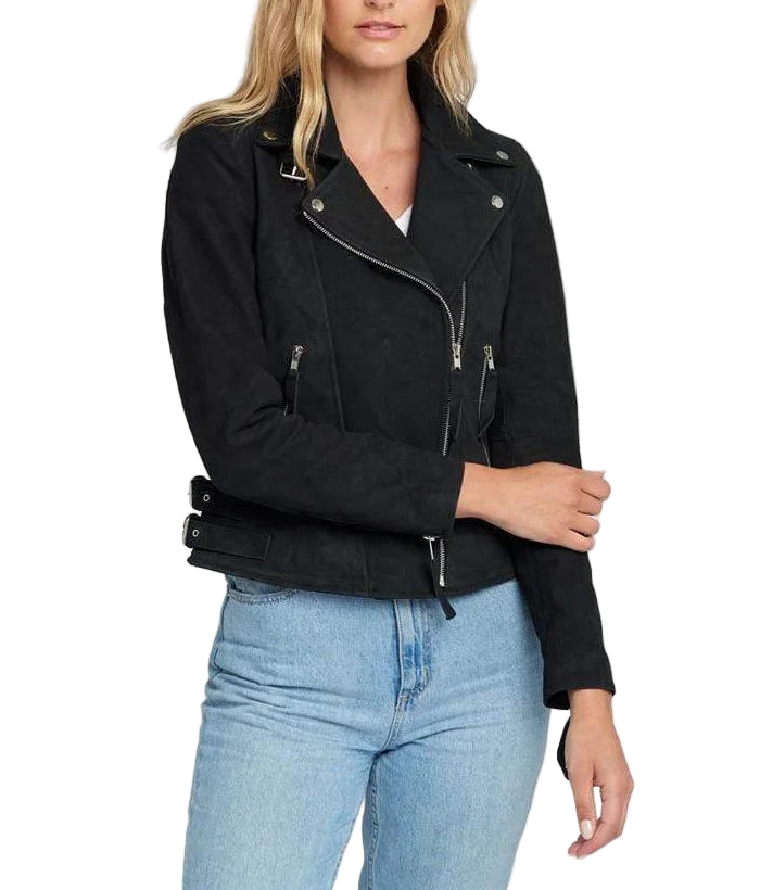 Casual Liza Black Suede Leather Jacket | Double Breasted Biker Jacket