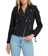 Casual Liza Black Suede Leather Jacket | Double Breasted Biker Jacket