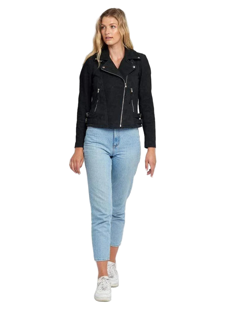 Casual Liza Black Suede Leather Jacket | Double Breasted Biker Jacket