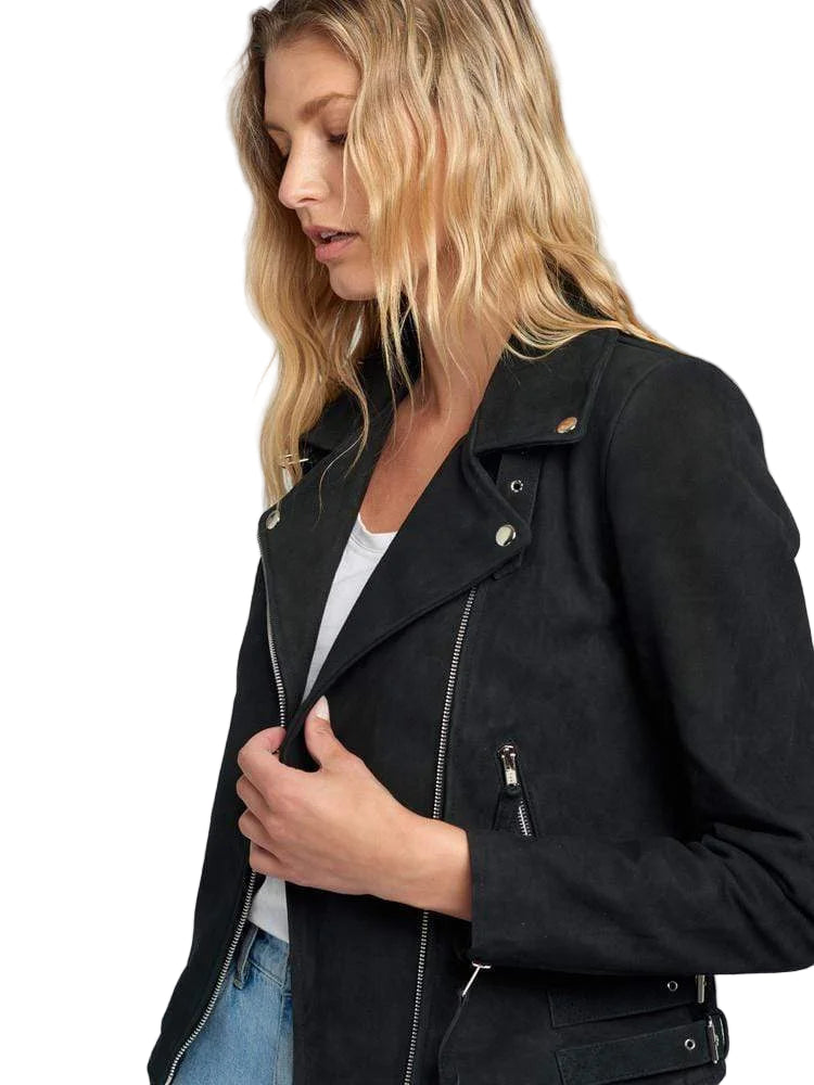 Casual Liza Black Suede Leather Jacket | Double Breasted Biker Jacket
