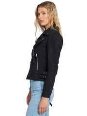 Casual Liza Black Suede Leather Jacket | Double Breasted Biker Jacket