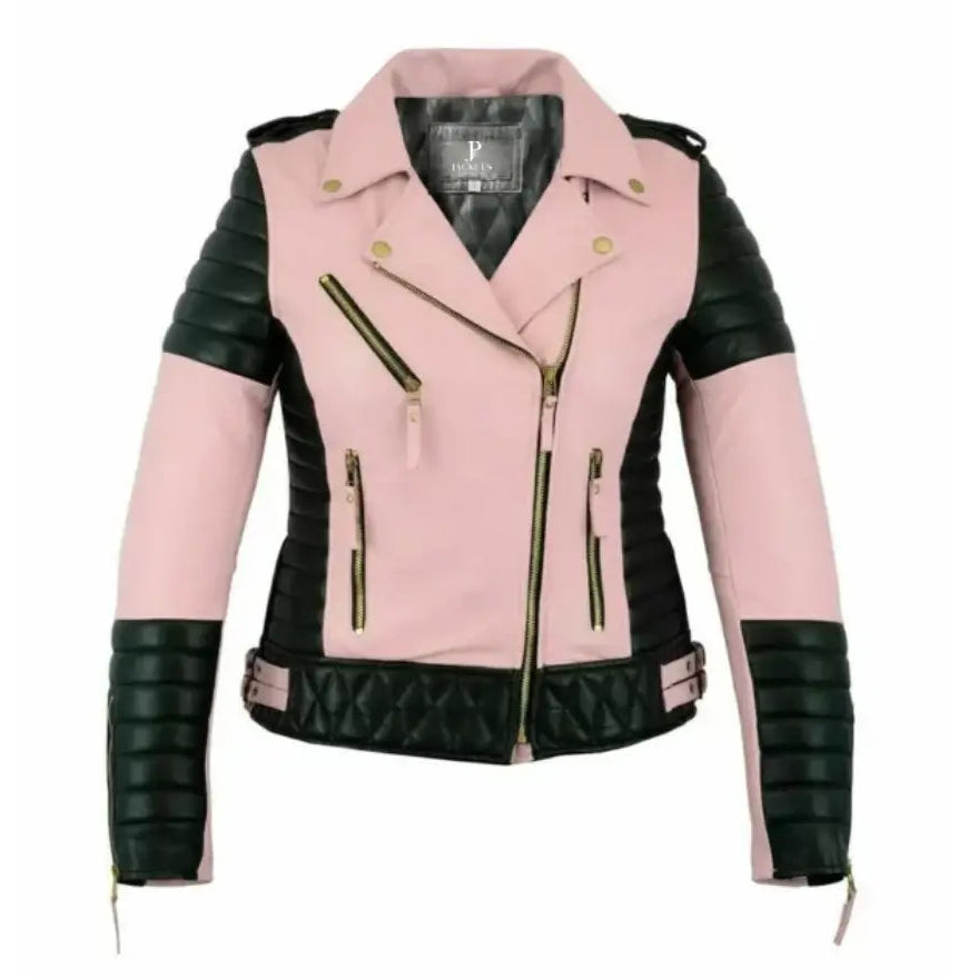 Women's Biker Style Pink Motorbike Leather Jacket