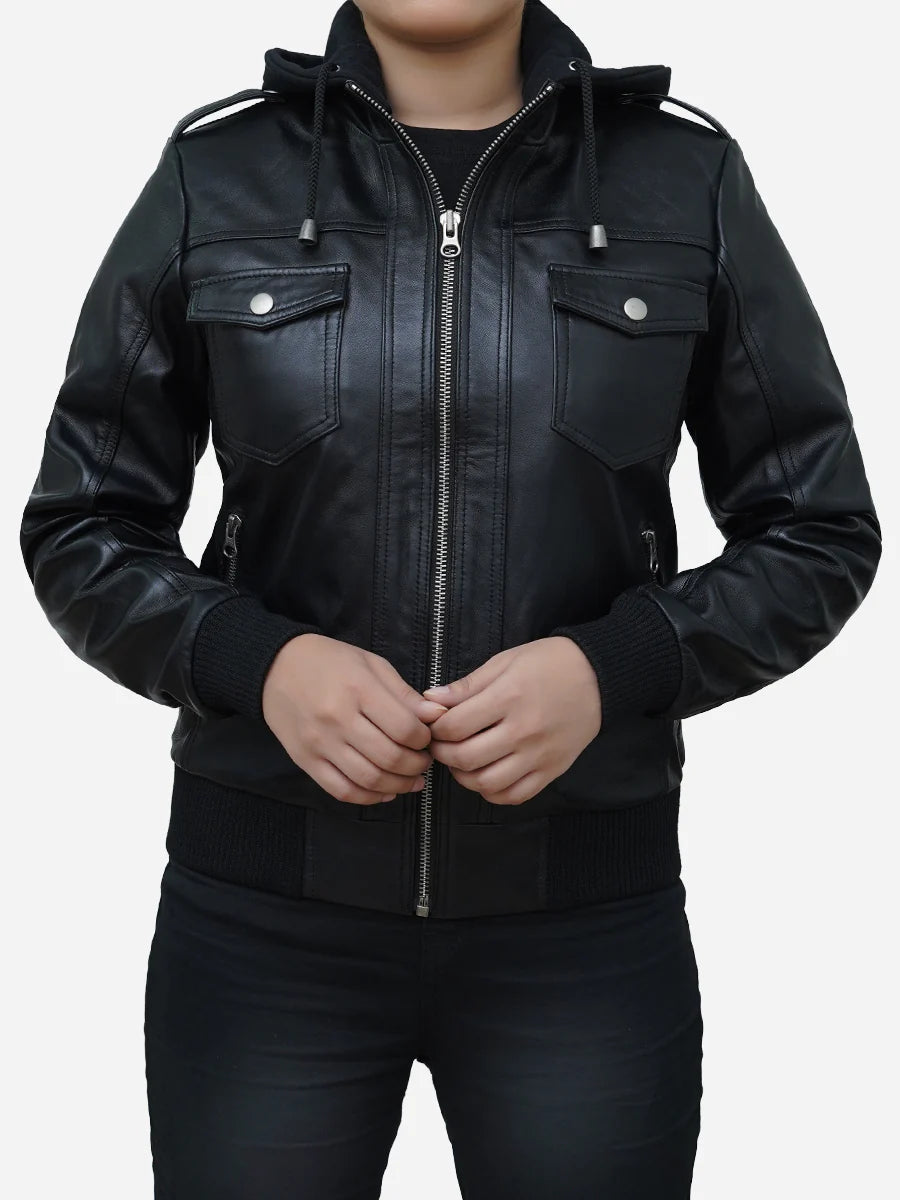 Classic Collared Black Leather Bomber Jacket Womens