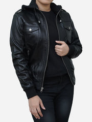 Classic Collared Black Leather Bomber Jacket Womens