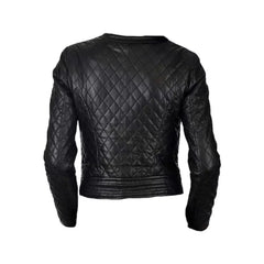 Black Quilted Biker Style Round Neck Leather Jacket