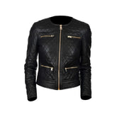 Black Quilted Biker Style Round Neck Leather Jacket