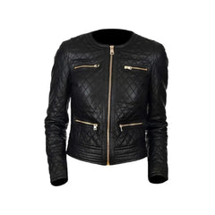 Black Quilted Biker Style Round Neck Leather Jacket