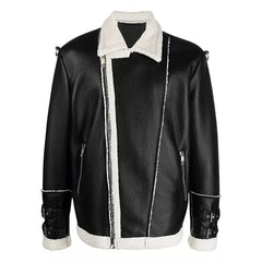 Black Shearling Faux Leather Jacket | Motorcycle Jacket in Black