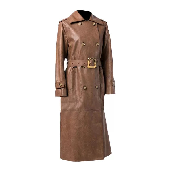 Long Leather Trench Brown Coat Womens