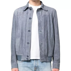 Men Grey Suede Bomber Jacket