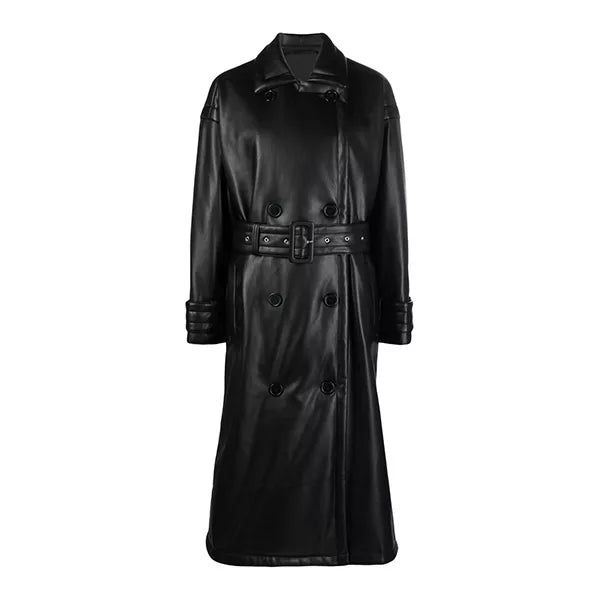 Womens Black Leather Trench Coat Double Breasted
