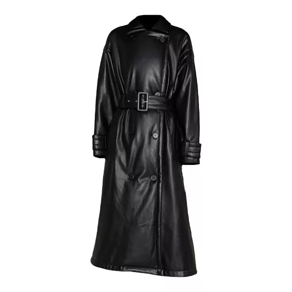 Womens Black Leather Trench Coat Double Breasted