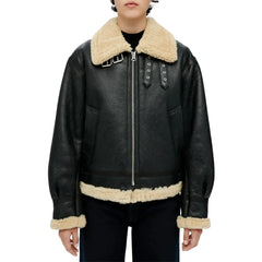 Womens Black Aviator Leather Jacket With Shearling