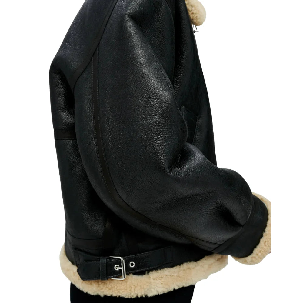 Womens Black Aviator Shearling Leather Jacket