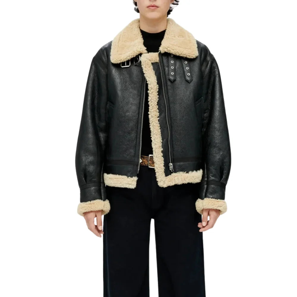 Black Aviator Leather Shearling Jacket For Womens